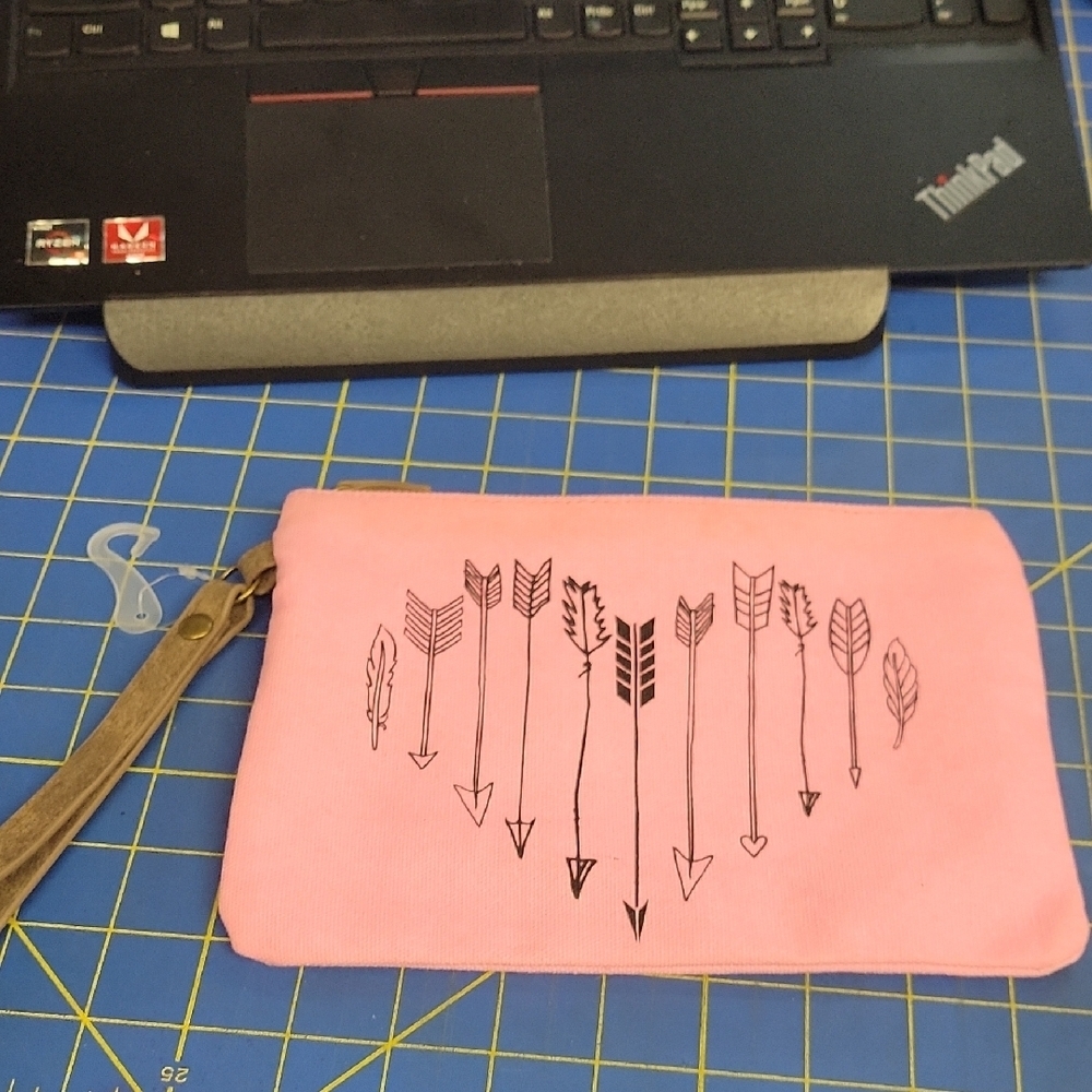 Pink Pouch Heart Arrow 8.5" x 6" Canvas Zipper & Pleather Strap